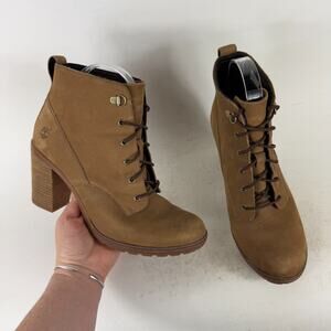 Timberland Boot Women 9 Brown Leather Lace Up Block Heel Round Toe Ankle Booties